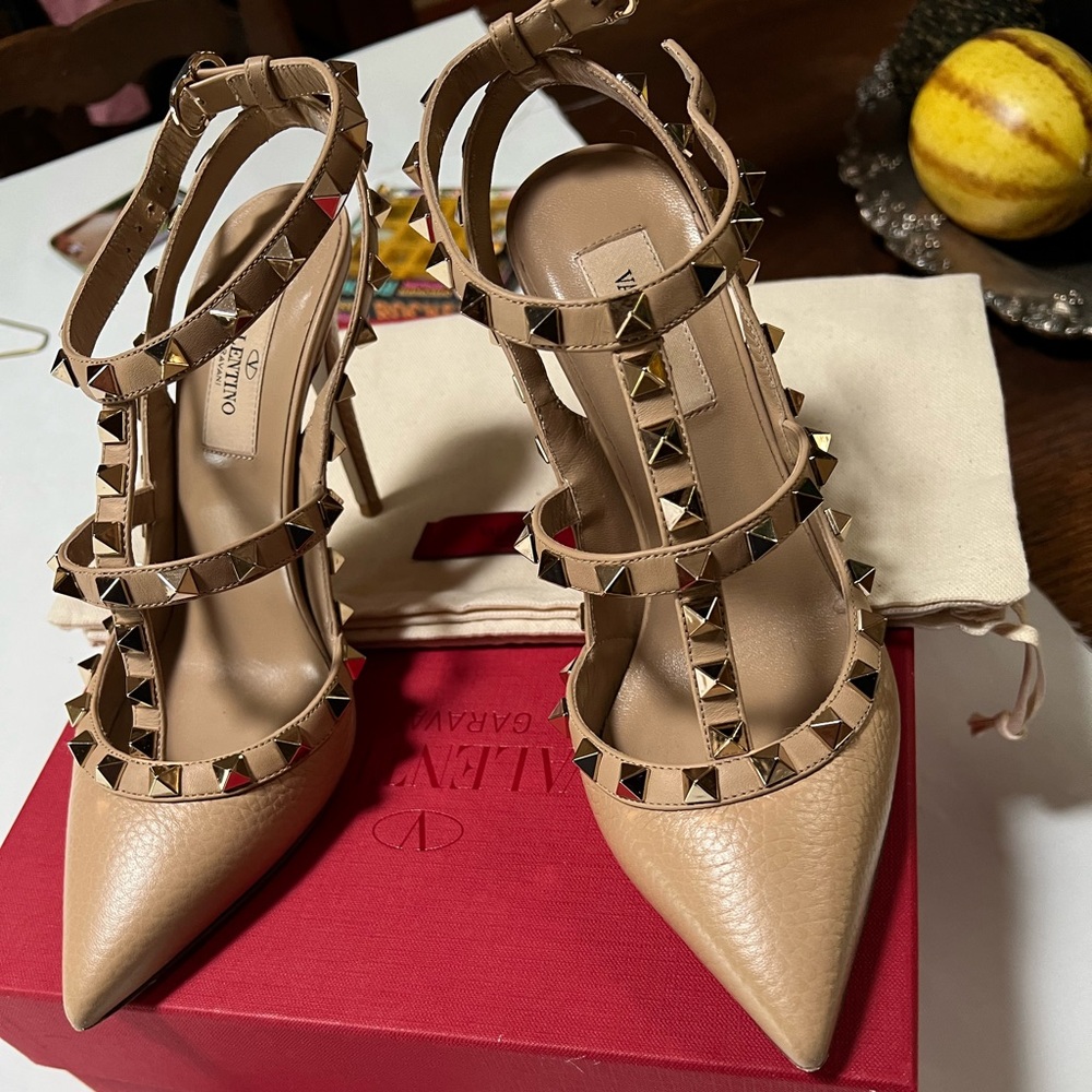 Valentino Rockstud neutral camel colored rock strap slingbacks